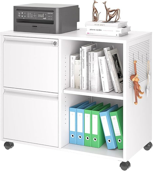 2 Drawer File Cabinet for Home Office, Rolling File Cabinets with Lock, Under Desk Metal Filing Caninet with Wheels for A4 / F4 / Letter/File Box, White-Assembly Required