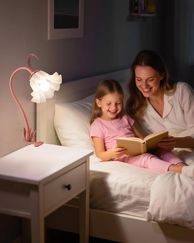 Flower Lamp Clip on Light, 3 Color Modes Eye-Caring Desk Lamp with Clamp, Dorm Room Essentials, Flexible Neck Reading Clamp Lamps for College Bedside Bookshelf Studying Room (Pink)
