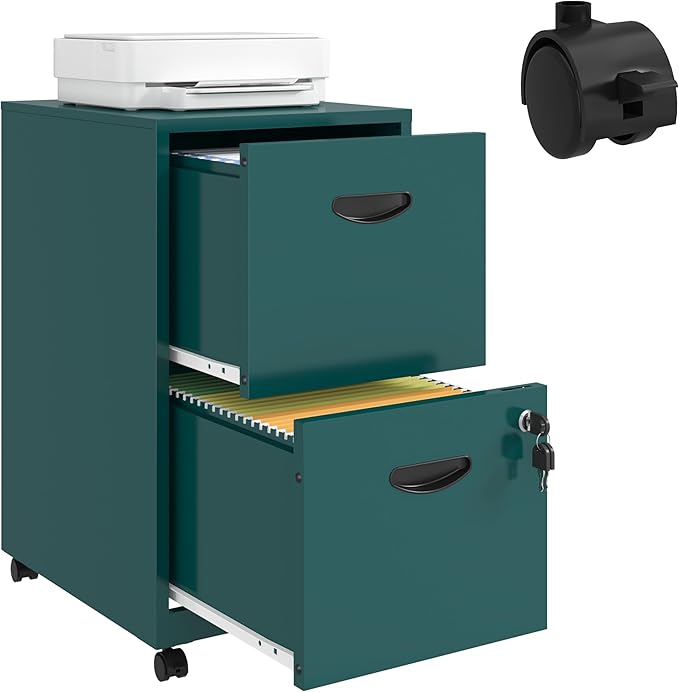 2 Drawer File Cabinet with Lock, Filing Cabinets with Wheels, Rolling File Cabinets for Home Office, Metal Office File Cabinet, Mobile Filing Cabinet for Holding Letters and File Boxes, Green