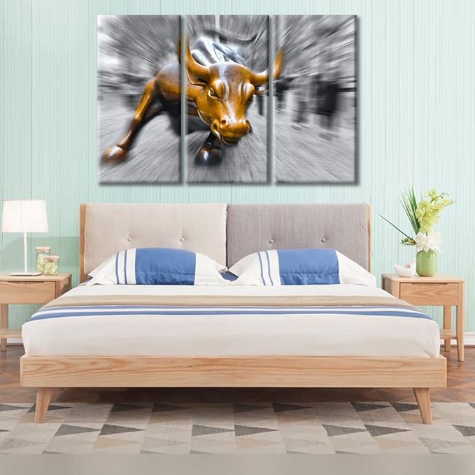 3 Panels Black and White Canvas Wall Art Courageous and Powerful Bull Art Painting on Canvas, Ready to Hang for Living Room Bedroom Office Home Decor With Wood Framed - 42" Wx28 H