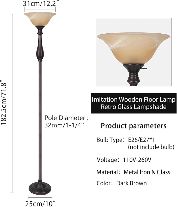 HonoDing Torchiere Floor Lamp for Living Room, Standing Lamp with Glass Shade, Iron Brushed Nickel Floor Lamps, Corner Lamps for Bedroom, Office, Reading (Dark Brown)
