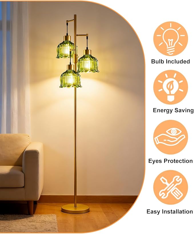 Lightdot 3-Light Floral Floor Lamp 65'' Dimmable Floor Flower Lamp with Green Glass Shade& E12 Bulbs Included, Mid Century Standing Tall Lamp for Living Room/Bedroom/Sofa Beside-Gold