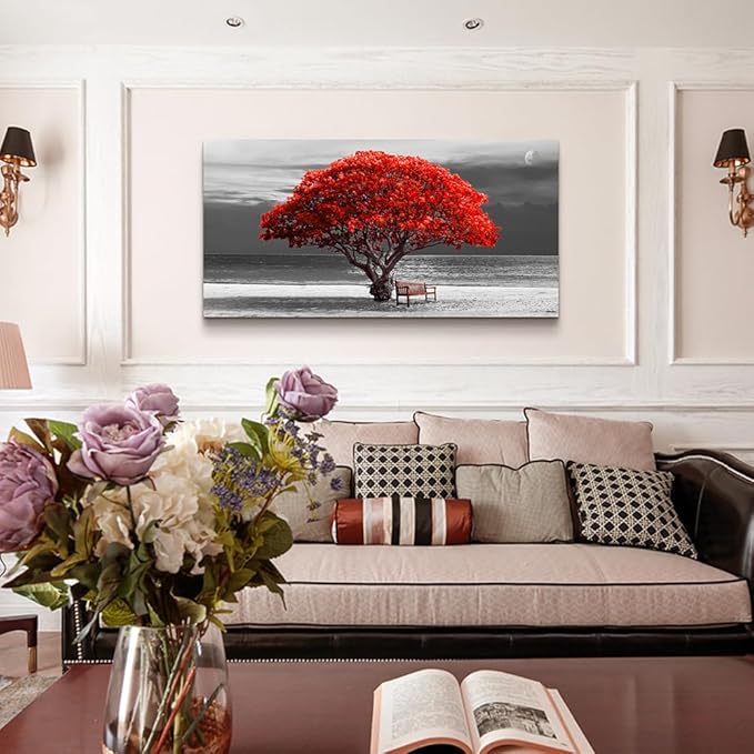 Wapluam Canvas Wall Art - Large Landscape Wall Decor - Bedroom, Living Room, Office - Black & White Framed Artwork - 24x48 in