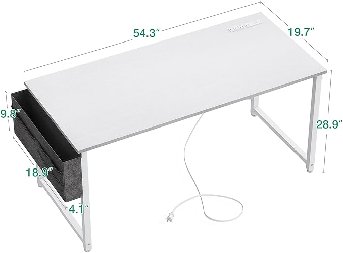 KKL Large Computer Desk with Power Outlets and USB Port Desk for Home Office Gaming Simple Modern Style Writing Desks with Storage Bag Headphone Hook, 55 inch, White