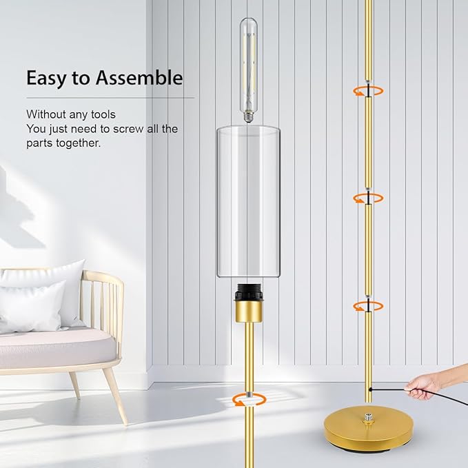 BoostArea Gold Modern Floor Lamp With Glass Lampshade - Simple Design Standing Lamp for Living Room, Bedroom, Office, Kids Room, Reading
