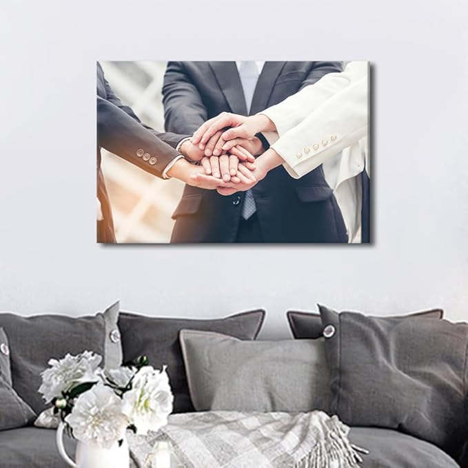 TUMOVO Wall Art For Office Business Teamwork Concept Pictures 1 Panel Stacked Hands Gesture Poster Inspirational Wall Art Positive Modern Decor Poster Canvas Print (16" Wx24 H)