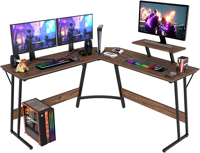 PayLessHere L Shaped Desk Corner Gaming Desk Computer Desk with Large Desktop Studying and Working and Gaming for Home and Work Place,Brown
