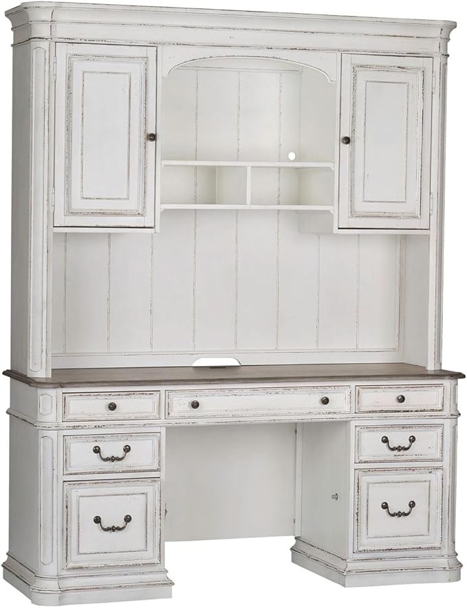 Liberty Furniture Magnolia Manor Credenza Desk & Hutch for Home Office - Antique White & Weathered Bark