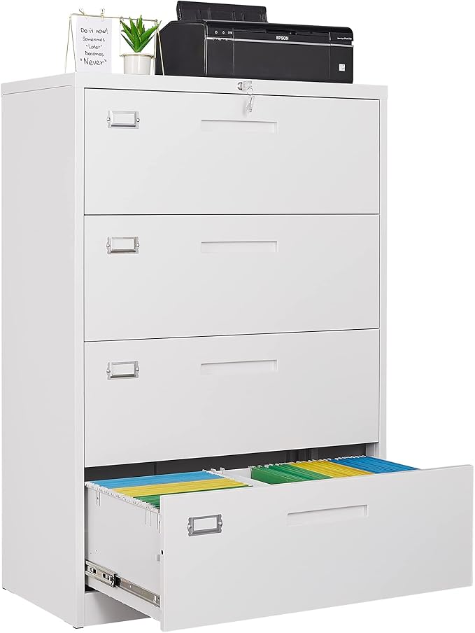 4 Drawer Lateral File Cabinet with Lock, Metal Filing Cabinets for Home Office, Wide Locking File Caninets, White Office Storage Cabnet for Hanging Letter/Legal / A4 / F4 - Assembly Required