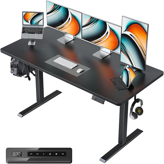 CubiCubi 55 x 24 Large One-Piece Standing Desk, Adjustable Height Electric Computer Home Office Sit Stand up Workstation, with 4 Memory Presets, Headphone Hook, Black