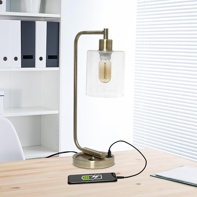 Simple Designs LD1066-RGD Bronson Antique Style Industrial Iron Lantern Desk Bedside Table Lamp with Dual 2 USB Charging Ports and Glass Shade, Rose Gold