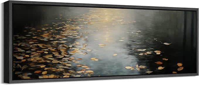SIGNFORD Large Framed Canvas Print Wall Art Moody Water Reflection with Floating Leaves Illustrations Modern Art Calm Warm for Living Room, Bedroom, Office - 60"x20"