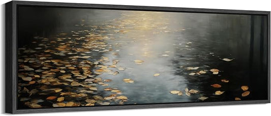 SIGNFORD Large Framed Canvas Print Wall Art Moody Water Reflection with Floating Leaves Illustrations Modern Art Calm Warm for Living Room, Bedroom, Office - 60"x20"