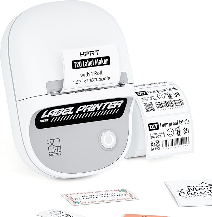 HPRT T20 Label Maker - Bluetoth Portable Label Printer, with Auto Identification and Waterproof Label, Thermal Inkless Labeler for Office, Home, Kitchen, Organization (White)