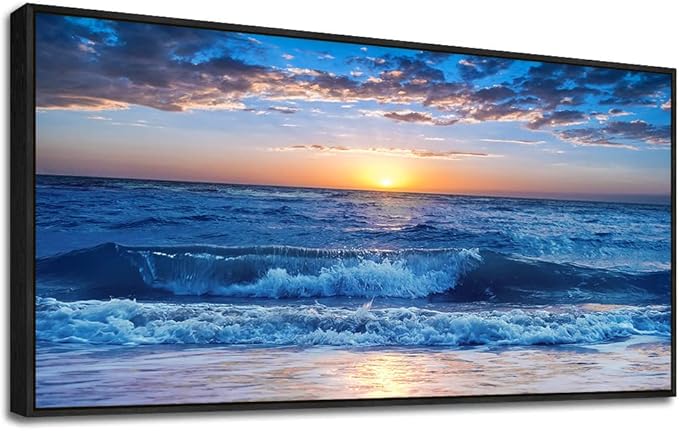Sea Beach Framed Canvas Wall Art For Living Room Large Size Wall Decor For Bedroom Office Decor Blue Ocean Wall Pictures Artwork Sunny Sea View Wave Painting Home Decorations Black Framed 24" X 48"