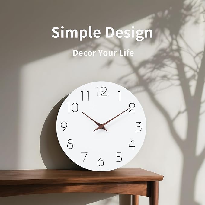 Mosewa Wall Clock 10 Inch Silent Non Ticking Battery Operated White Modern Office Simple Minimalist Decorative for Kitchen Home Bathroom Living Room
