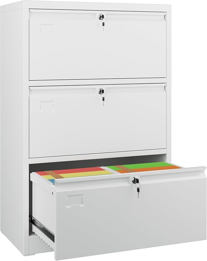 Metal Lateral File Cabinet with 3 Drawers,Wide Metal Filing Cabinet with Lock,Metal File Cabinet for Letter/Legal/A4, Assembly Required,White