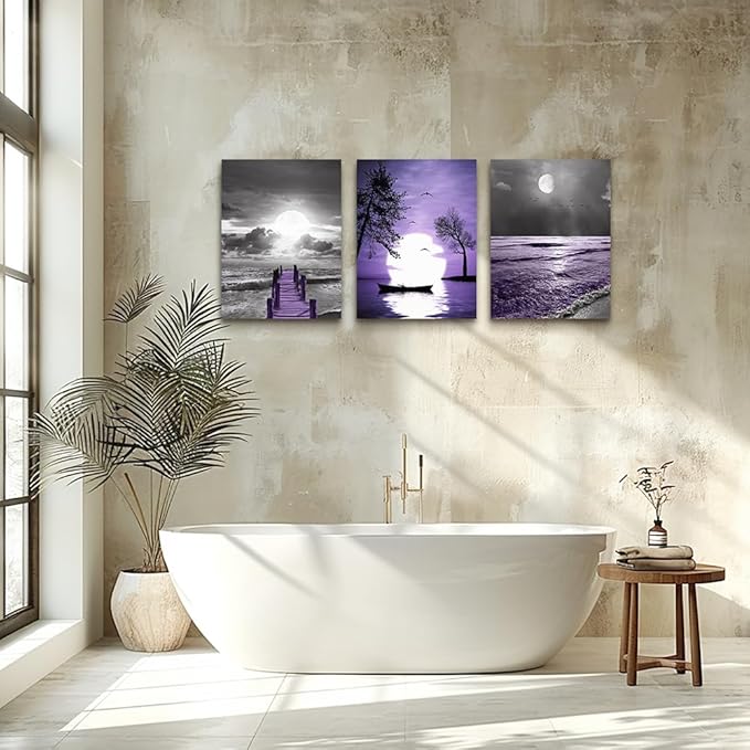 wall decorations for living room 3 Piece framed canvas wall art bathroom artwork for wall painting office bedroom wall decor Black and white ocean purple Landscape modern family Posters home decor