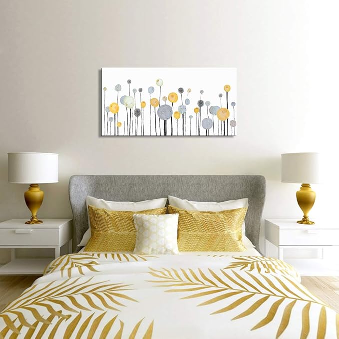 MHARTK66 Canvas Wall Art Abstract Dandelion Modern Minimalist Wall Decor – Neutral Yellow Gray Watercolor Paintings Stretched Ready to Hang Pictures for Living Room Bedroom Bathroom Home Office