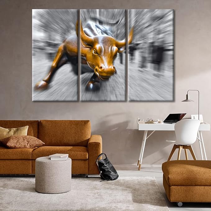 TUMOVO Black and White Bedroom Wall Decor Wall Street Bull Pictures 3 Panel Canvas Artwork Home Decor for Living Room Stretched and Framed Ready to Hang Posters and Prints - 60" Wx40 H