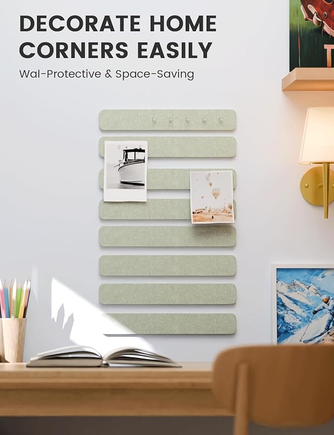 Fluxynara Cork Board Alternative Felt Strip Board 8-Pack 13"x2", Office Pin Board with 50 Push Pins, Adhesive Install for Bedroom Door & Home Office(Sage)
