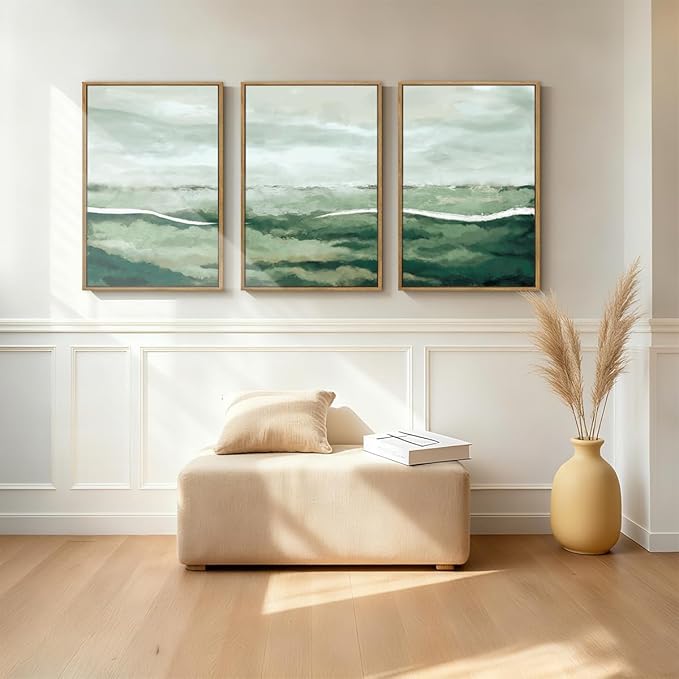 ANHUIB Large Green Wall Art 24x36 Inch Sage Green Abstract Wall Decor Watercolor Abstract Paintings Set of 3 for Living room Bedroom