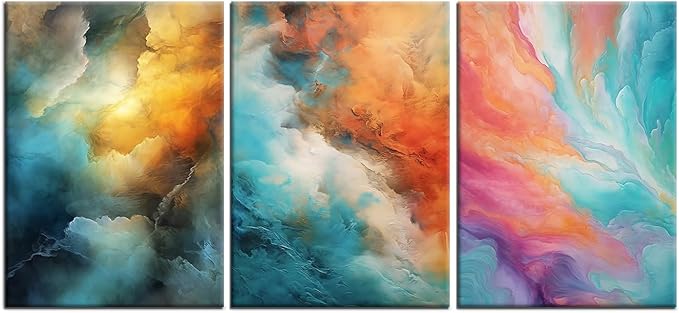 Colorful Abstract Poster Wall Art Rendering 3 Pieces HD Pictures Print on Wooden Framed Canvas Multicolor Painting Wall Decor Artwork for Modern Home Living Room Hotel Ready to Hang [60''Wx28''H]