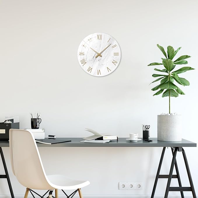 Round Marble Battery Wall Clock Modern 14 Inch White Minimalist Wall Clock for Kitchen Quartz Glass Silent Clock for Wall