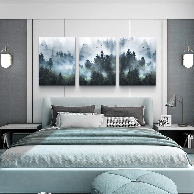Lapremoly Canvas Wall Art for Bedroom and Living Room - Modern Office Decor Trees Landscape Picture - Foggy Forest Painting Artwork Framed Ready to Hang - Large Home Decoration 3 Set