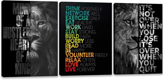 Lion Wall Art - Motivational Wall Art Decor, 3 Panel Canvas Prints for Office Decor, Inspirational Quotes Posters for Men, Leadership & Strength Pictures for Office Bedroom Living Room, 20x28inch