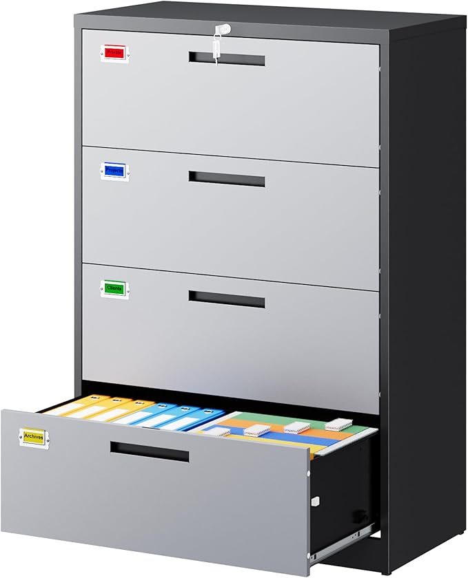 4 Drawer File Cabinet, Lateral Filing Cabinets for Home Office, Office Storage Drawers with Lock, Hanging Files Legal/Letter A4 Size (Assemble Required,Black Grey)