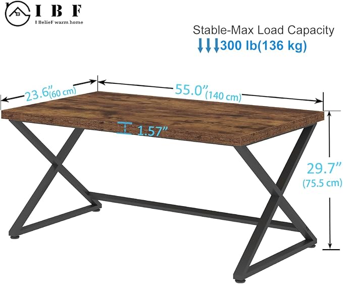 IBF 55 inch Computer Desk, Farmhouse Home Office Desk, Industrial Wood Metal Legs Work Desk for Writing Study, Vintage Minimalist Laptop Executive Workstation PC Gaming Table in Bedroom, Rustic Brown