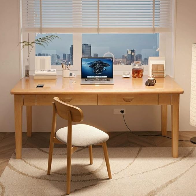 RUNNUP Modern Wood Writing Desk with 2 Drawers 55" Home Office Desk Simple Study Desk for Small Spaces, Without Chairs Natural