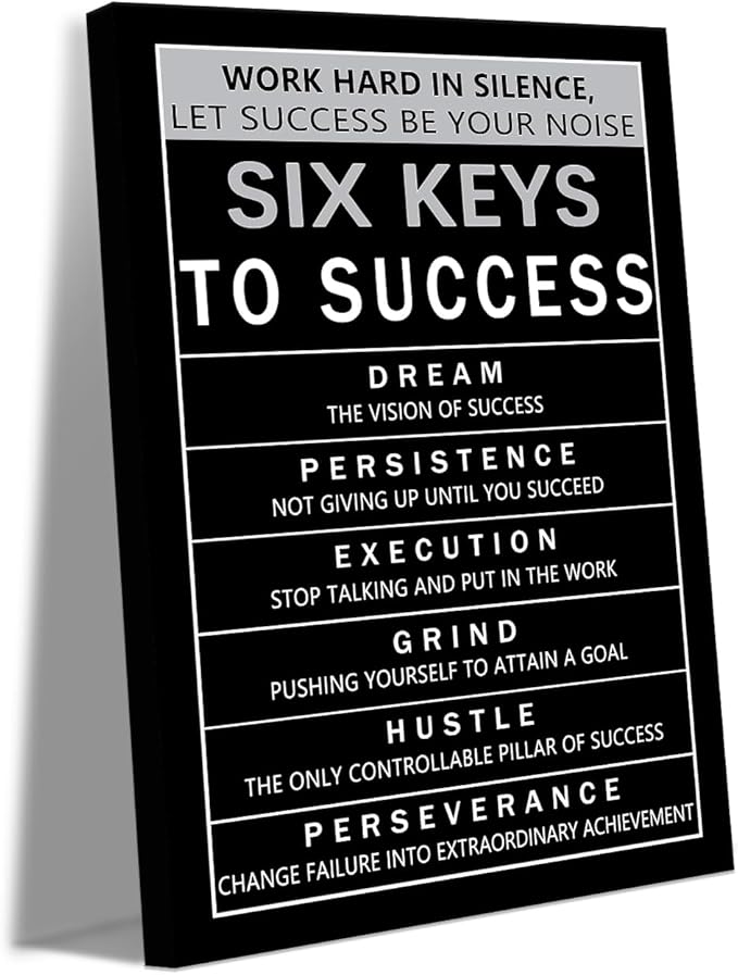 Six Keys to Success Canvas Wall Art, Motivational Wall Decor with Work Hard in Silence Quote, Inspirational Black & White Canvas Print for Home Office, Framed 12x16 inch