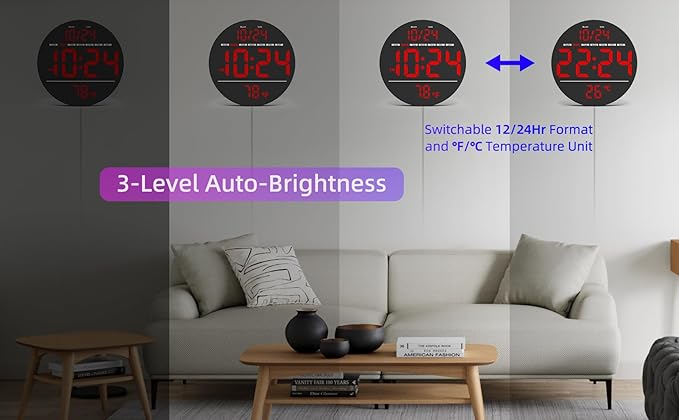 Digital Wall Clock with Large LED Display, Date, Temperature, Auto-Brightness | Small [PLUG-IN] Clock | Modern Electric Wall Clock for Bedroom, Classroom, Living Room, Home, Office, Farmhouse – Red
