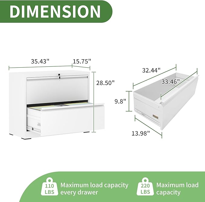2 Drawer File Cabinet,Metal Lateral Filing Cabinet with Lock,Home Office Storage Organizer Cabinet for Legal/Letter/A4/F4 Size Files,35.5" W,White