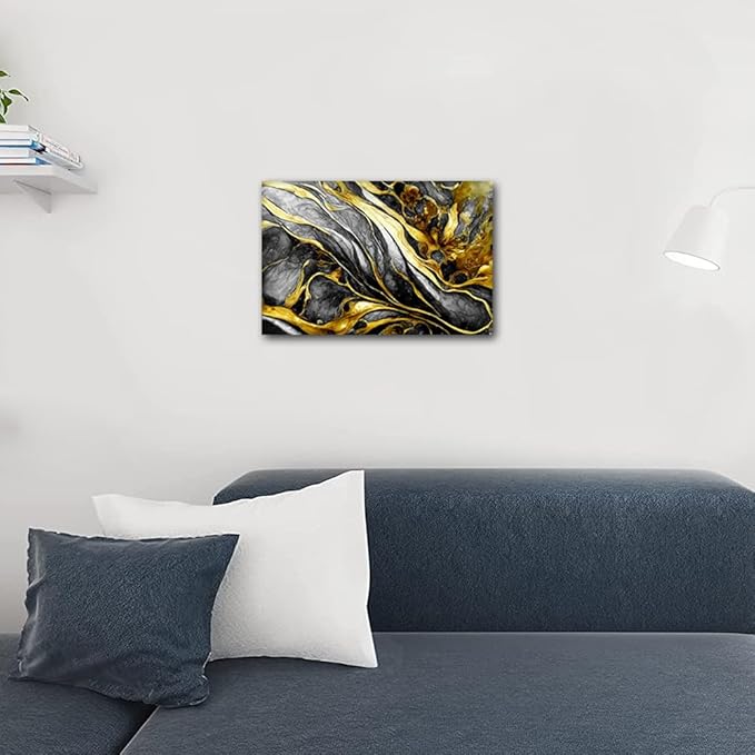 Abstract Marble Wall Decor for Home 1 Panel Modern Canvas Artwork Black and Gold Texture Poster Prints on Canvas for Minimalist Enthusiasts Bedroom Decor Stretched and Framed Ready to Hang 18x12 in
