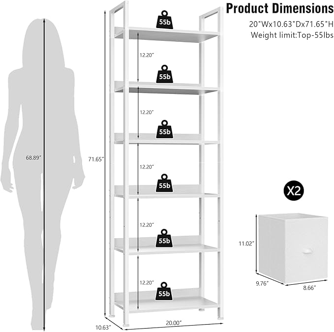 Furologee 6-Tier Bookshelf Set of 2,Tall Bookcase with 2 Drawers and Shelves, Industrial Display Free Standing Shelf Units, Storage Rack Organizer for Bedroom, Living Room, Home Office, White