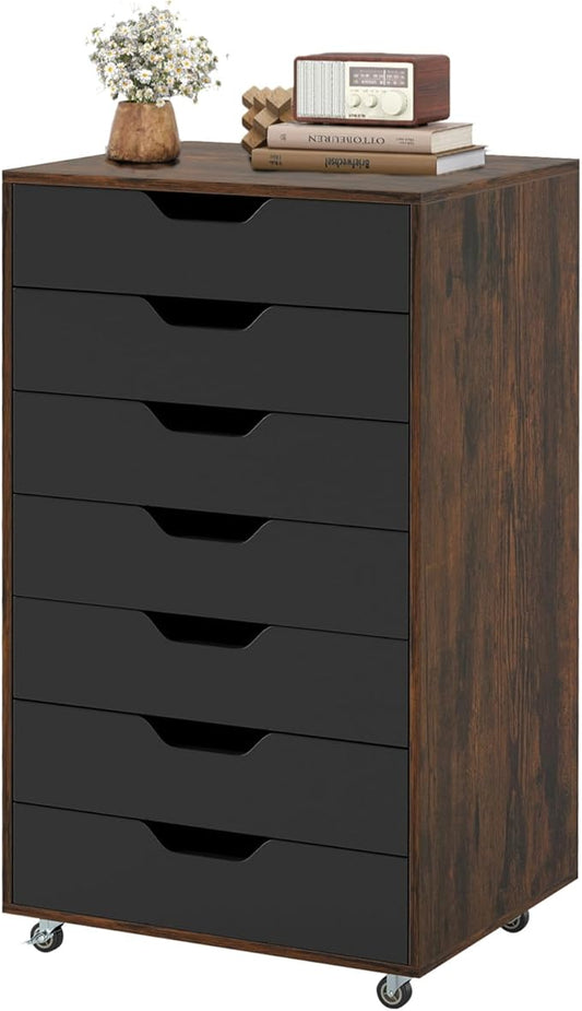 7 Drawer File Cabinet, 34.5" Vertical Storage Drawer Cart, Under Desk Office Organizer, Wooden Printer Stand, Rolling Filing Cabinet for Home Office (Rustic Brown)