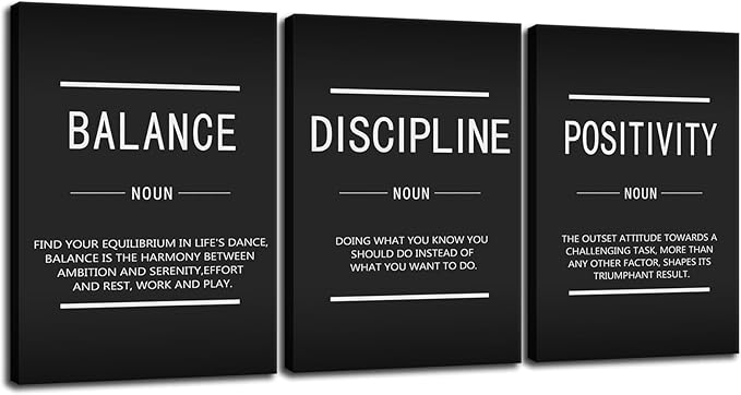 Inspirational Canvas Wall Art 3 Pieces Balance Positivity Poster Motivational Picture Discipline Noun Canvas Print Artwork Framed for Home Living Room Gym Office Wall Decor Ready to Hang[60''Wx 28''H]