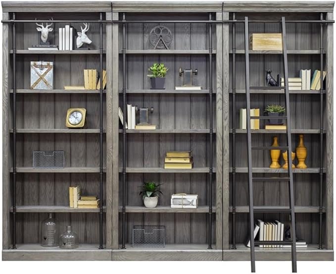 Martin Furniture Avondale 8' Tall Bookcase Wall with Ladder Storage Organizer Display Gray