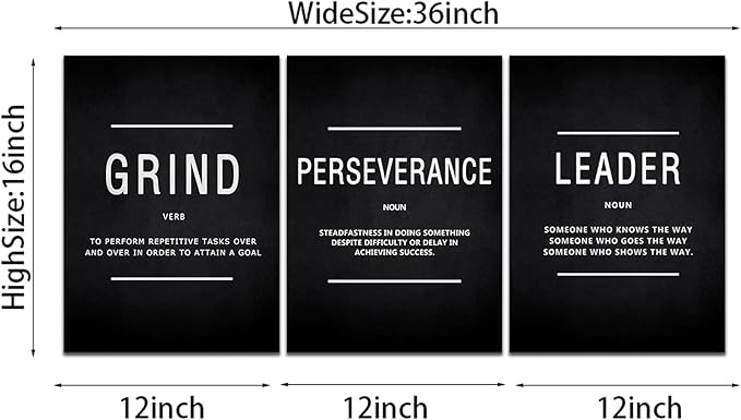 KAWAHONE Inspirational Grind Wall Art for Home Office Workplace, Perseverance Leader Canvas Quotes Motivate Success Positive Poster Framed Motivation Gift for Friends Entrepreneur Ready to Hang