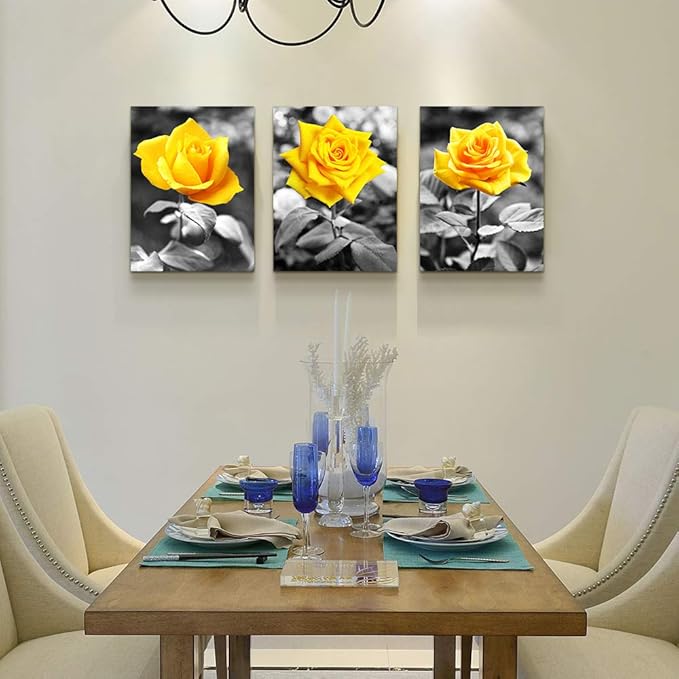 Canvas Wall Art For Bedroom Living Room Wall Decor For Kitchen Office Wall Pictures Artwork Black And White Yellow Rose Flowers Paintings 20" X 28" 3 Pieces Framed Modern Bathroom Home Decor