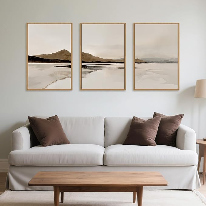 Ausril Beige and Brown Foggy Framed Canvas Wall Art Set, Modern Misty Landscape Wall Decor, Abstract Mountain Lake Wall Painting, Minimalist Nature Art Prints for Living Room, Bedroom - 16"X24"X3