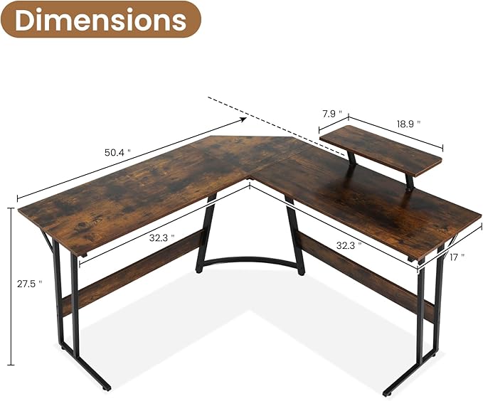 L Shaped Gaming Desk, 50 Inch Corner Desk, Office Computer Desk with Large Monitor Stand for Home Office Sturdy Writing Workstation, Easy to Assemble, Brown