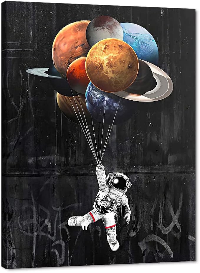 Yatsen Bridge Universe Theme Wall Art, Space Astronaut Holding Planetary Balloon Canvas Picture Art Print, Modern Home Wall Decor Stretched and Framed Ready to Hang - 24x36 inches