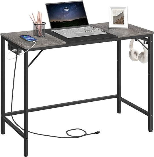 HOOBRO Computer Desk, Home Office Desk with Power Outlet, Modern Study Writing Desk with 3 Hooks for Study Room, Home Office, Sturdy and Stable, Easy to Assemble, Charcoal Gray and Black BC41UDN01