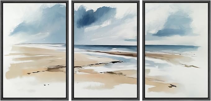SIGNWIN Framed Canvas Print Wall Art Set Coastal Beach Horizon Blue and Tan Seascape Illustrations Modern Art Decorative Boho Relax/Zen Nordic for Living Room, Bedroom, Office - 16"x24"x3 Black