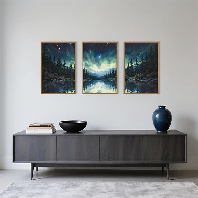 HOURIA Luminous Northern Lights Forest Lake Framed Canvas Wall Art Set,Starry Nordic Aurora Borealis Mountain Scenery Decor,Wilderness Pine Tree Reflection Artwork for Living Room,Farmhouse-24 x36 x3