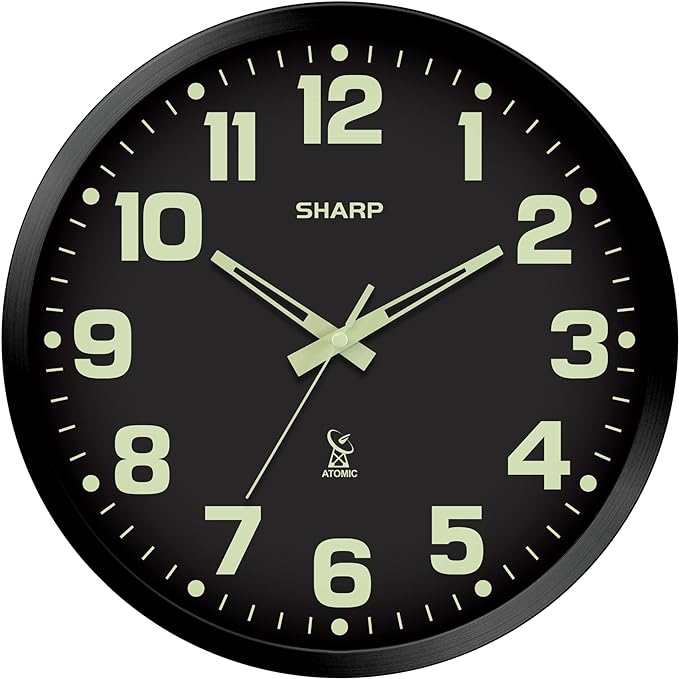 Sharp Glow in the Dark Atomic Analog Wall Clock - 12" Clock with Black Frame - Sets Automatically - Battery Operated - Easy to Read - Easy to Use – See Day or Night!